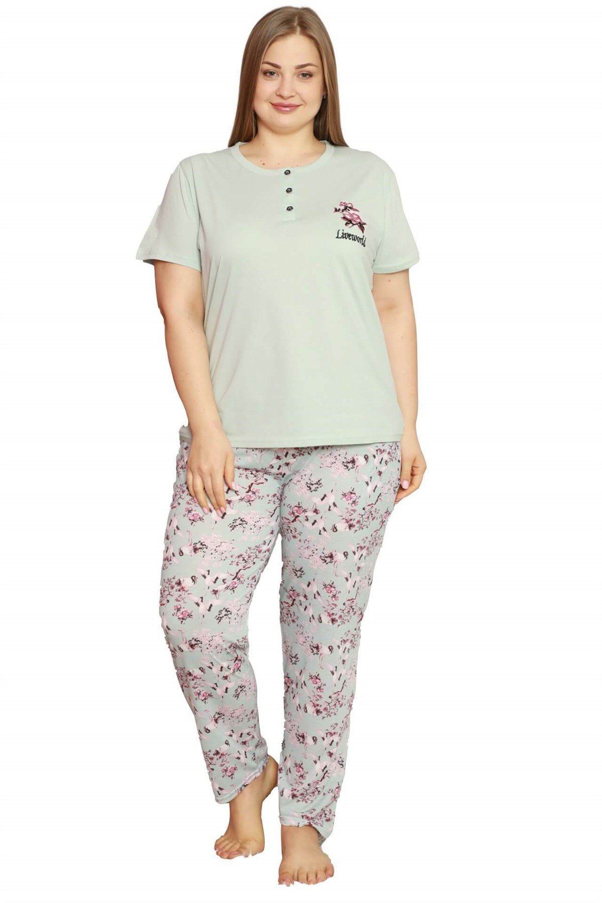 Akbeniz Kadın %100 Pamuk Cepli Kısa Kol Büyük Beden Pijama Takım 202071