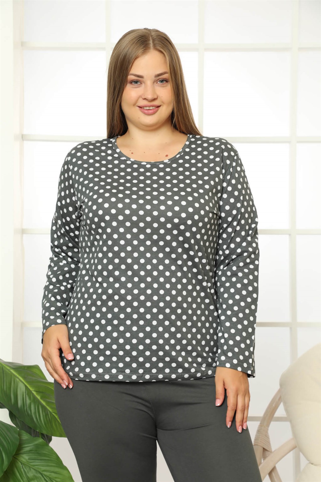 Akbeniz Kadın %100 Pamuk Cepli Uzun Kol Büyük Beden Pijama Takım 202112
