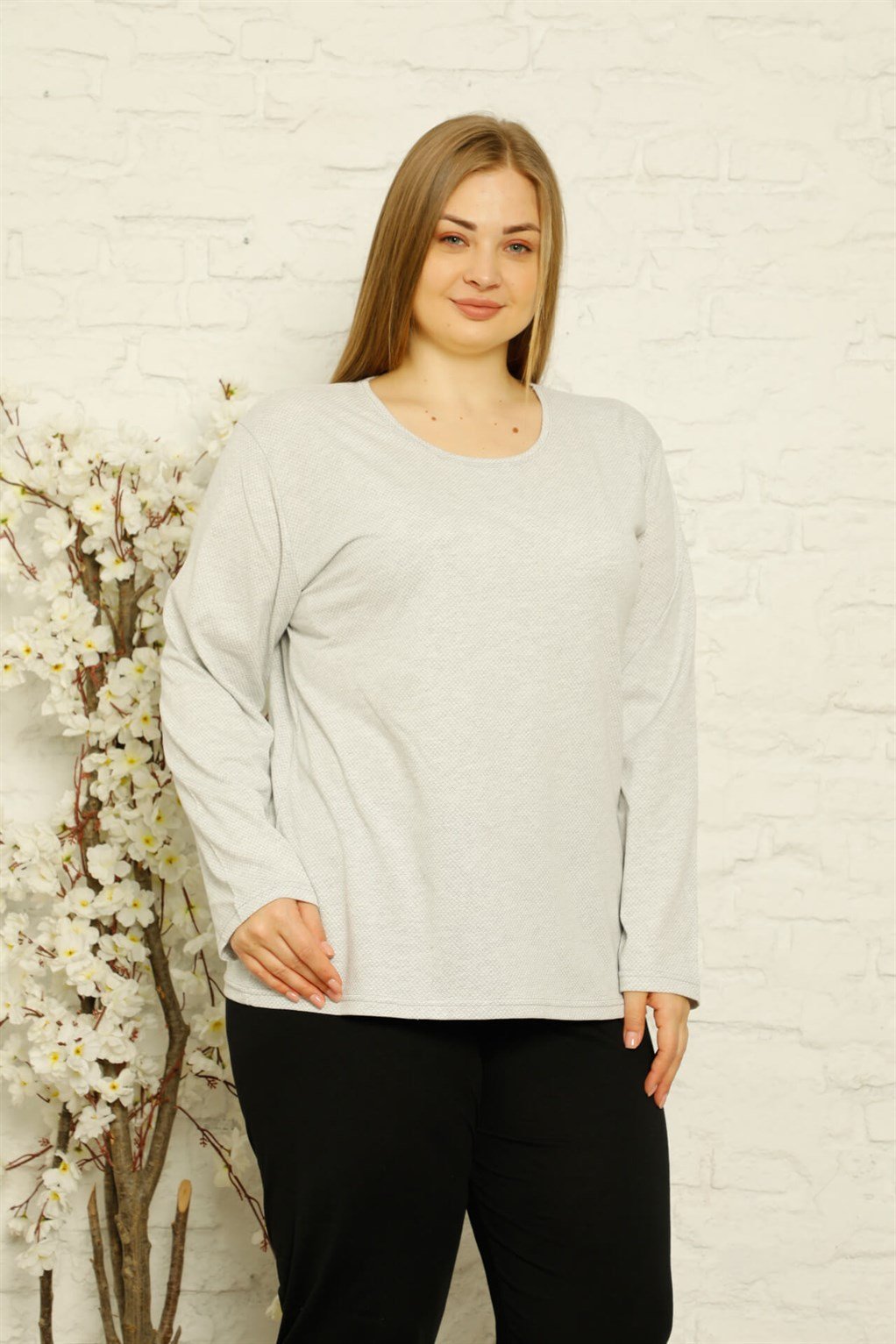 Akbeniz Kadın %100 Pamuk Cepli Uzun Kol Büyük Beden Pijama Takım 202117