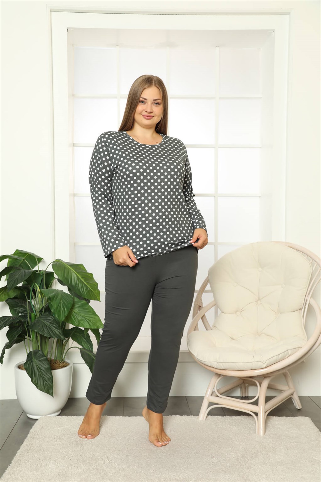 Akbeniz Kadın %100 Pamuk Cepli Uzun Kol Büyük Beden Pijama Takım 202112