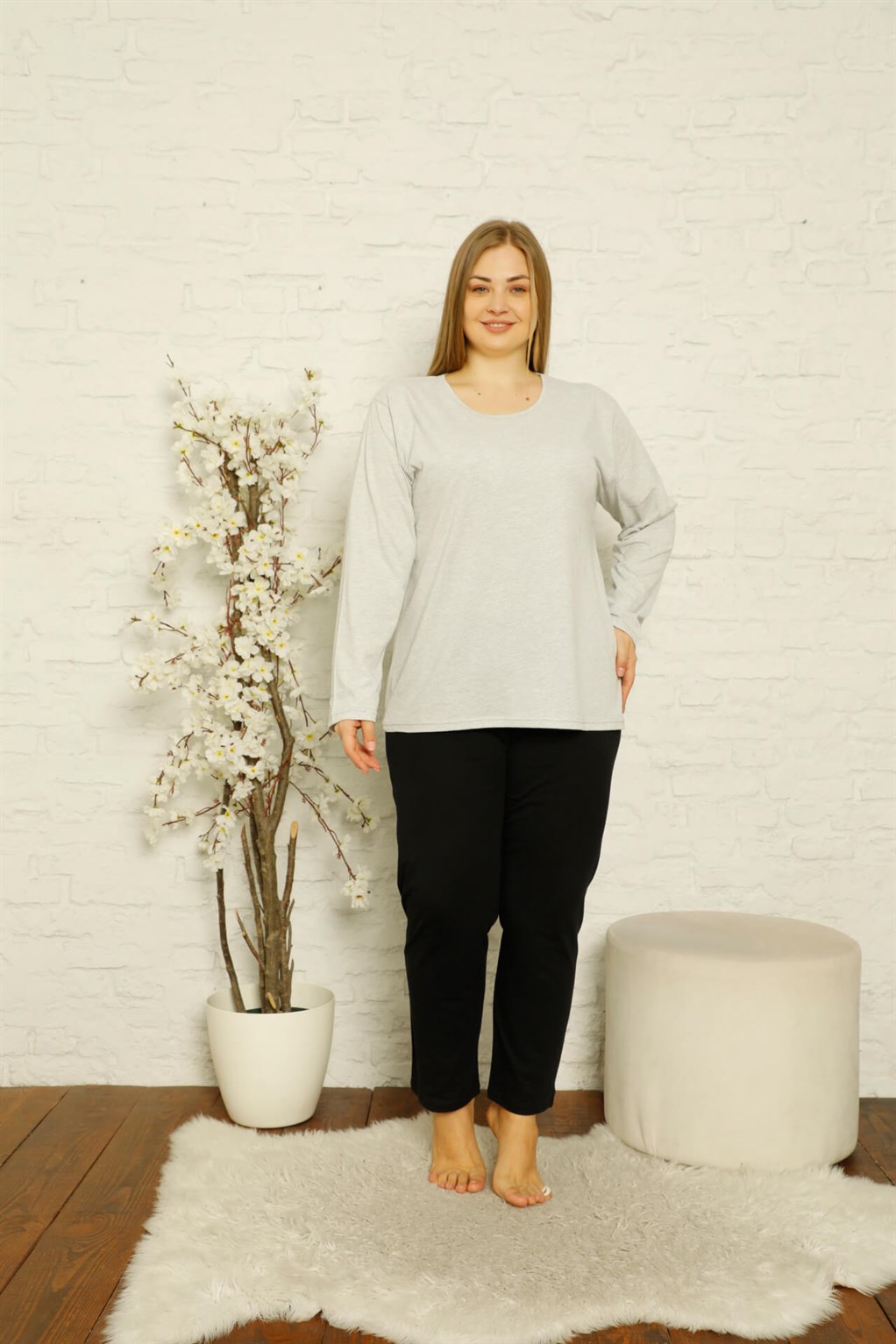 Akbeniz Kadın %100 Pamuk Cepli Uzun Kol Büyük Beden Pijama Takım 202117