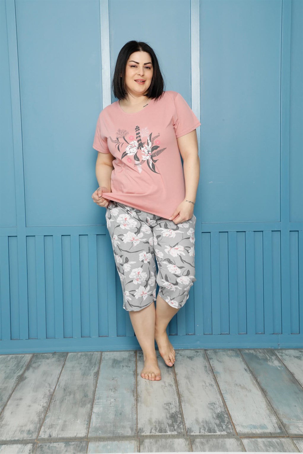 Akbeniz Kadın %100 Pamuk Kapri Büyük Beden Pijama Takım 202161
