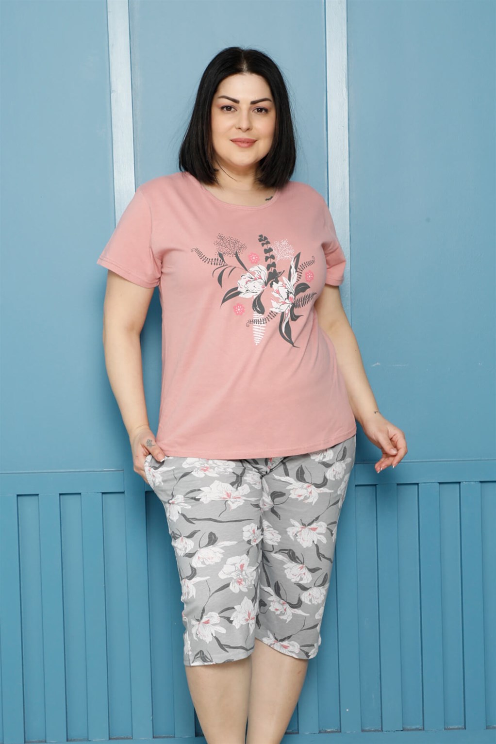 Akbeniz Kadın %100 Pamuk Kapri Büyük Beden Pijama Takım 202161