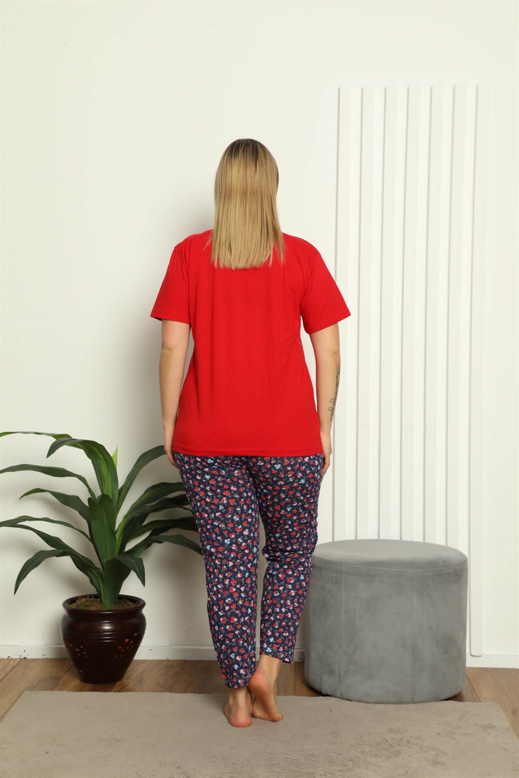 Akbeniz Kadın %100 Pamuk Kısa Kol Büyük Beden Pijama Takım 202144