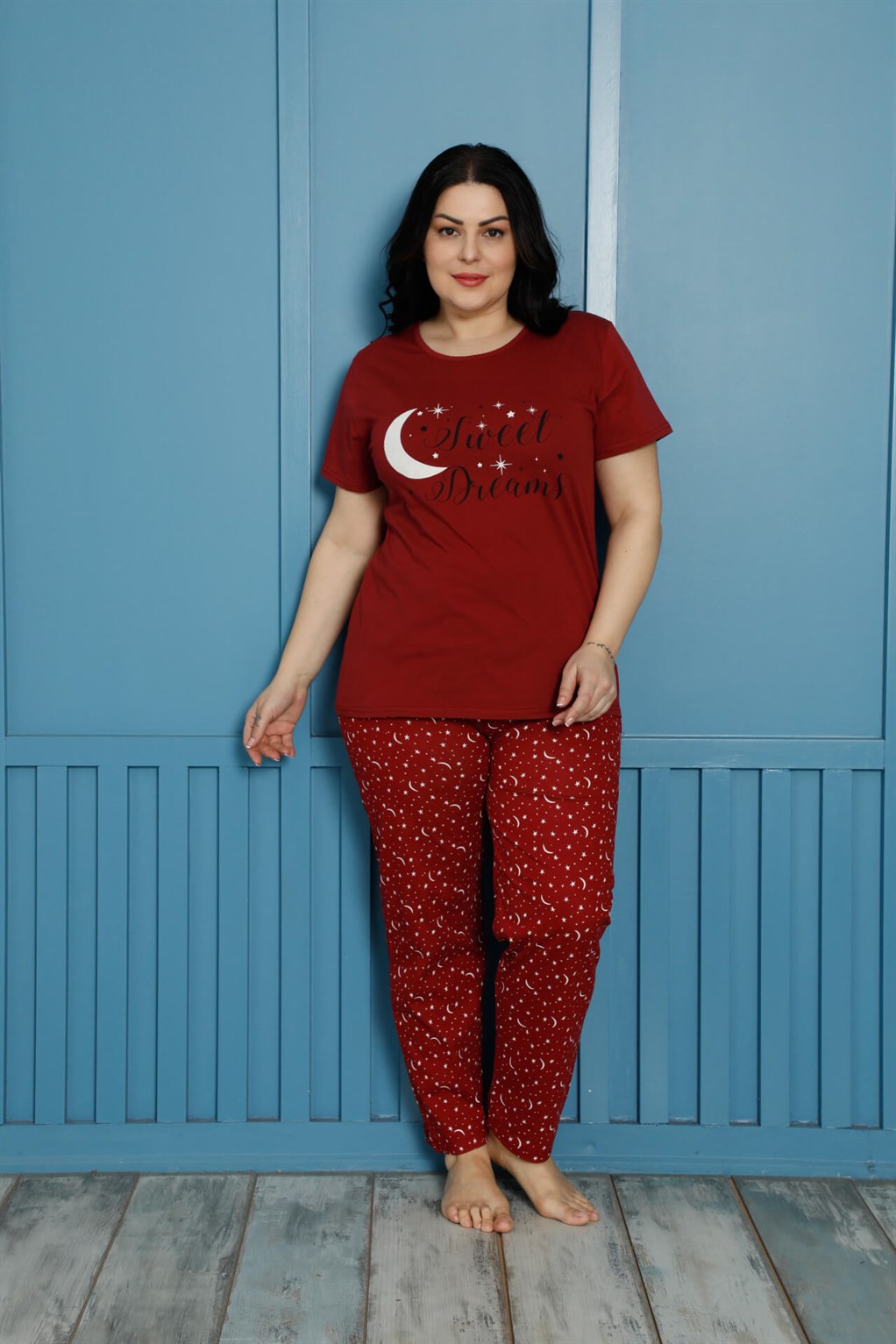 Akbeniz Kadın %100 Pamuk Kısa Kol Büyük Beden Pijama Takım 202136