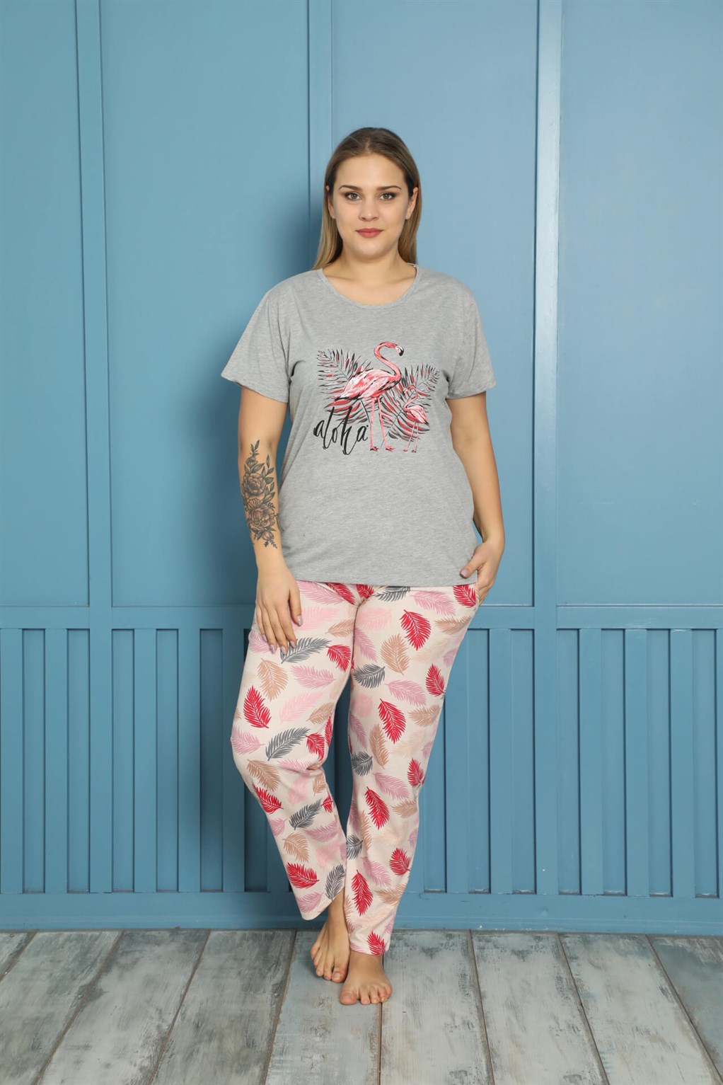 Akbeniz Kadın %100 Pamuk Kısa Kol Büyük Beden Pijama Takım 202154