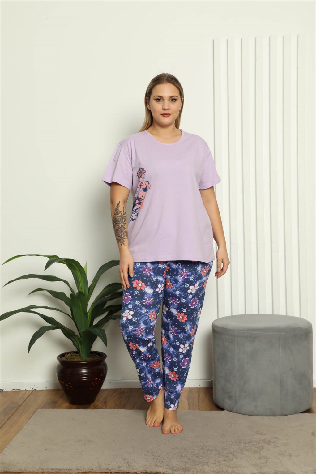 Akbeniz Kadın %100 Pamuk Kısa Kol Büyük Beden Pijama Takım 202139