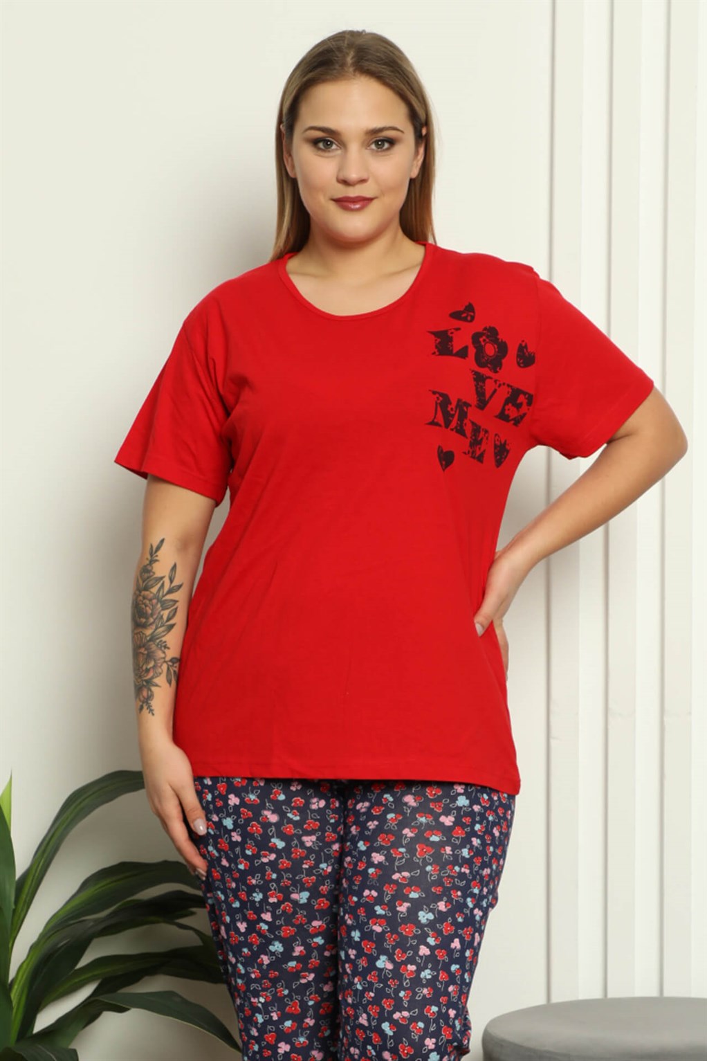 Akbeniz Kadın %100 Pamuk Kısa Kol Büyük Beden Pijama Takım 202144