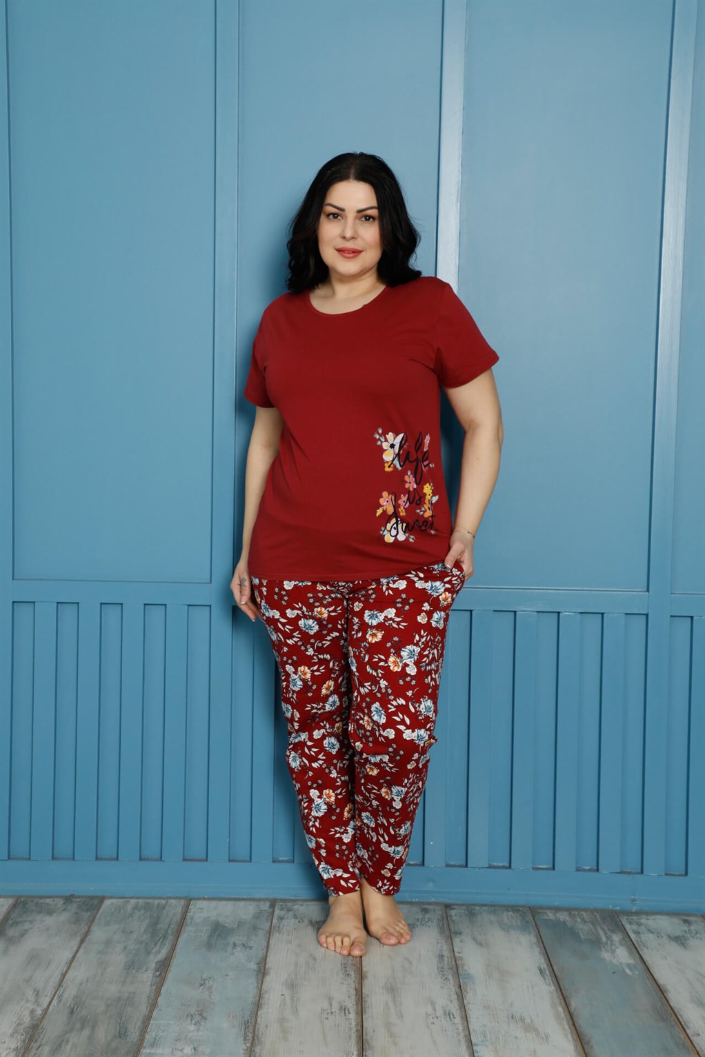 Akbeniz Kadın %100 Pamuk Kısa Kol Büyük Beden Pijama Takım 202137