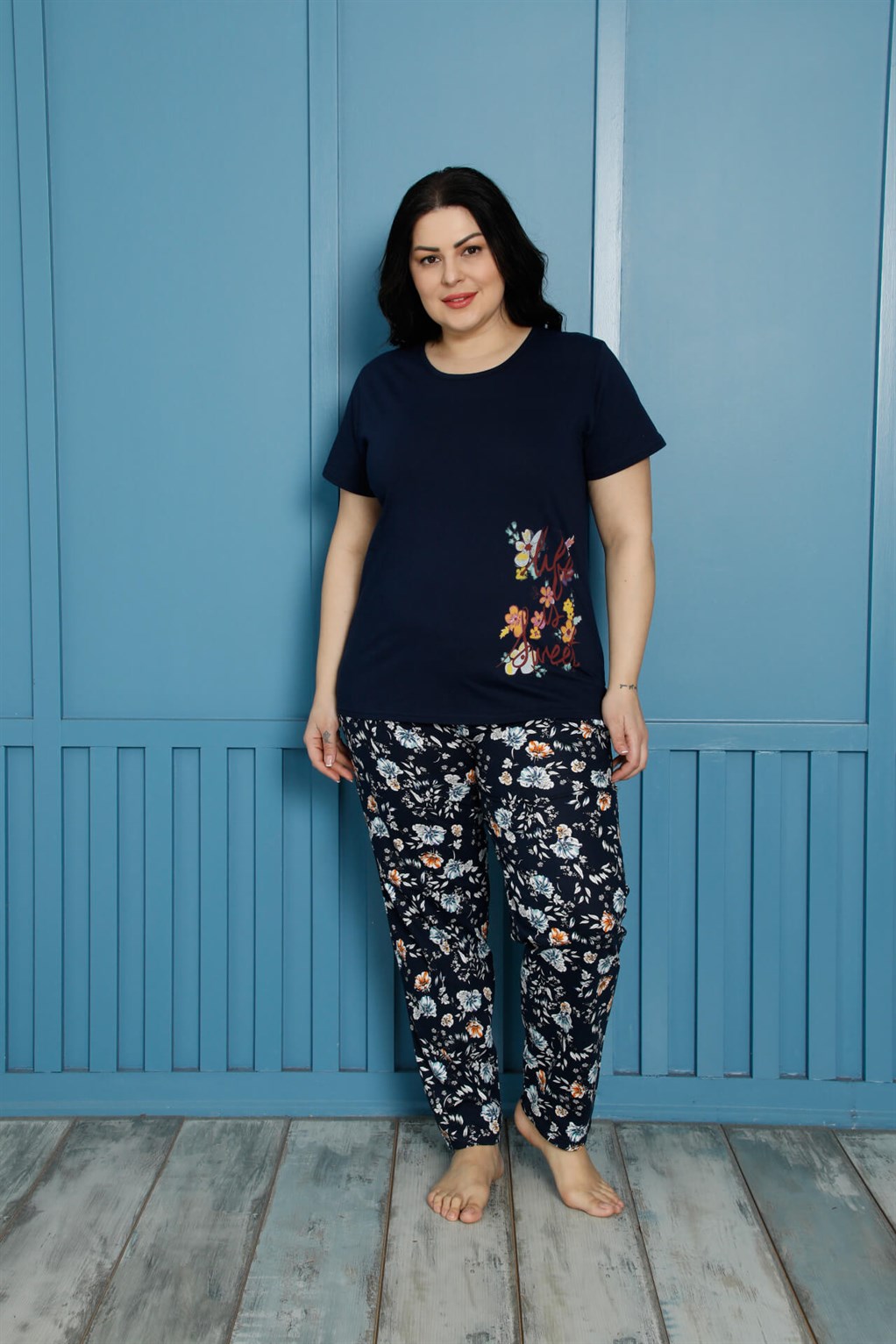 Akbeniz Kadın %100 Pamuk Kısa Kol Büyük Beden Pijama Takım 202138