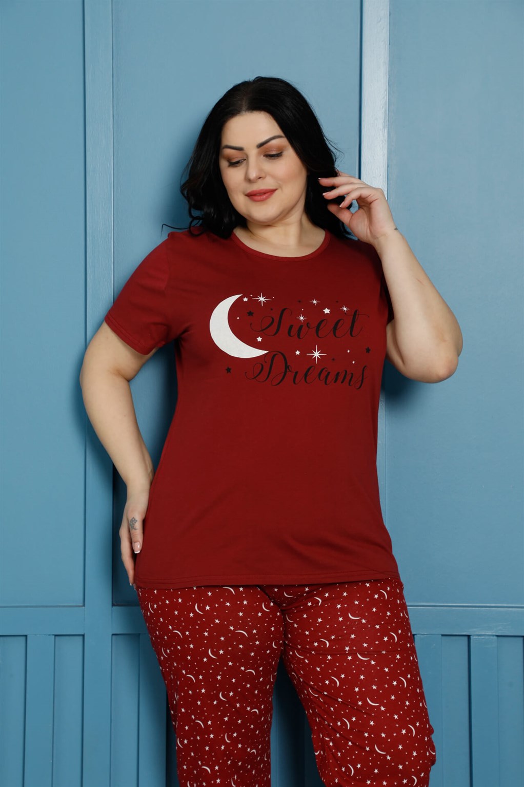 Akbeniz Kadın %100 Pamuk Kısa Kol Büyük Beden Pijama Takım 202136