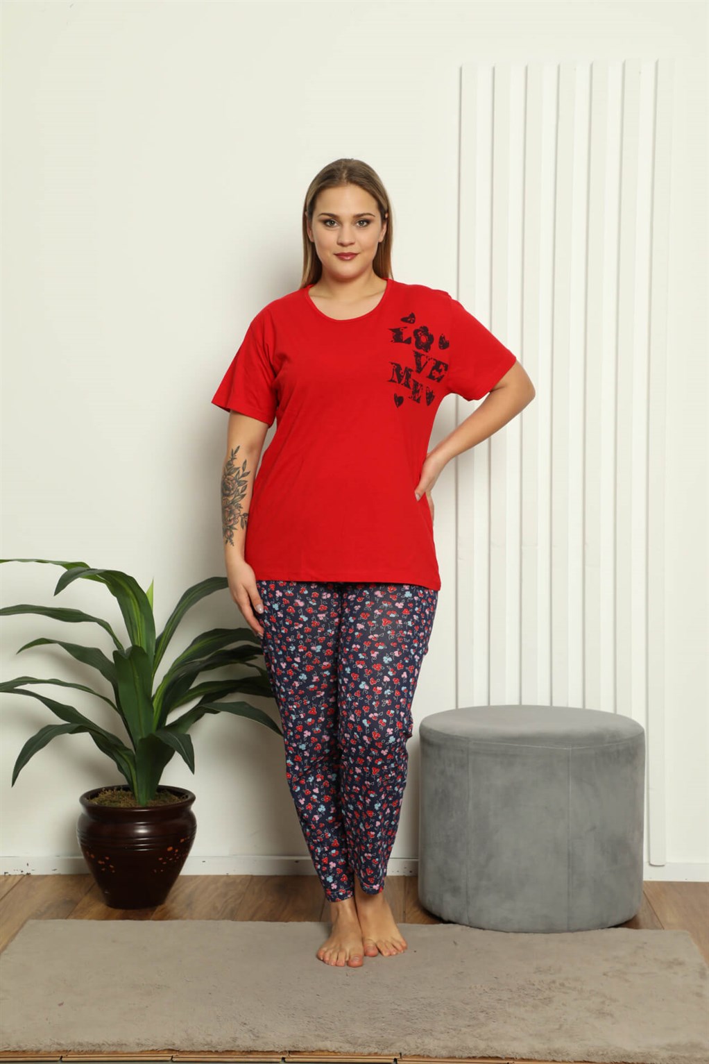 Akbeniz Kadın %100 Pamuk Kısa Kol Büyük Beden Pijama Takım 202144