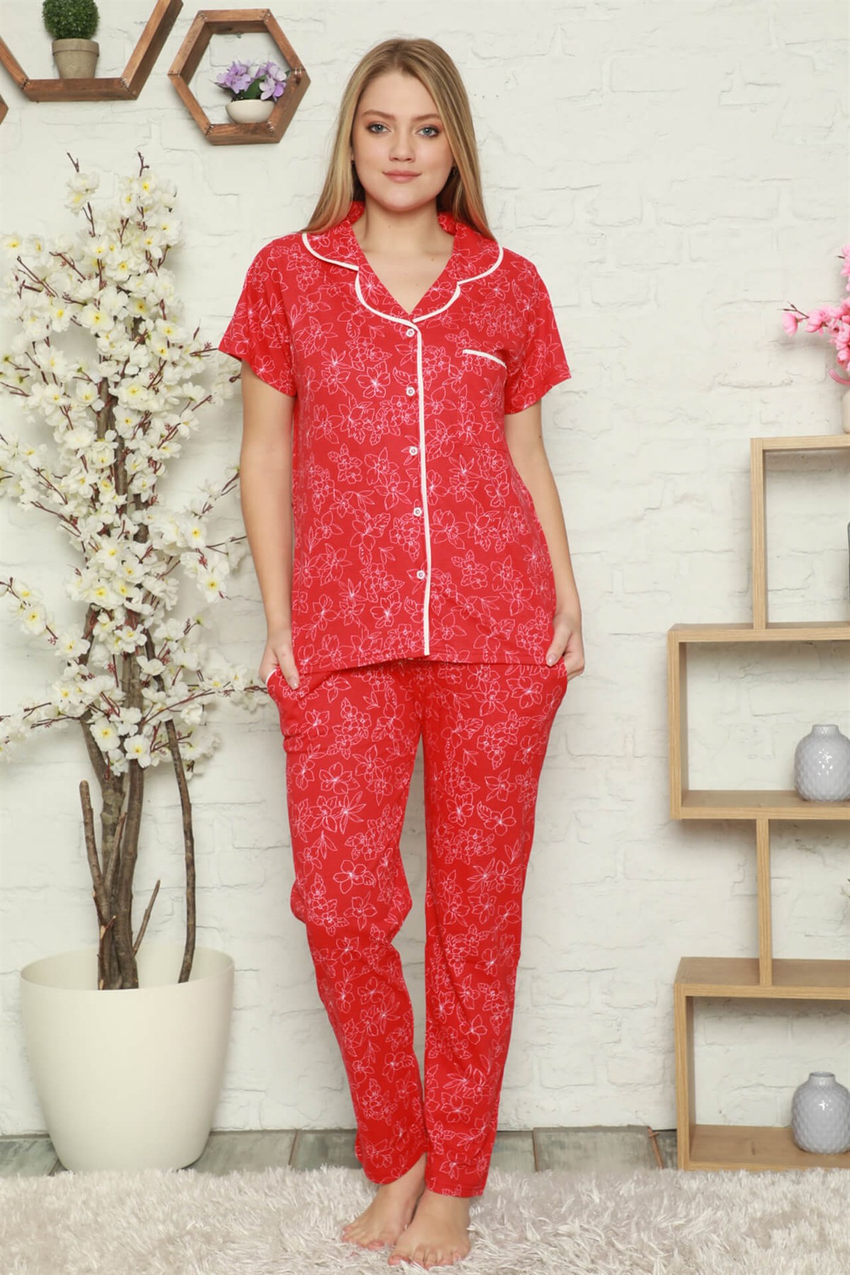 Akbeniz Kadın %100 Pamuk Önden Düğmeli Kısa Kol Pijama Takım 2804