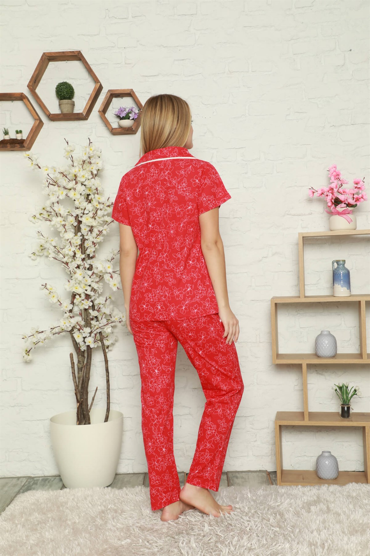 Akbeniz Kadın %100 Pamuk Önden Düğmeli Kısa Kol Pijama Takım 2804