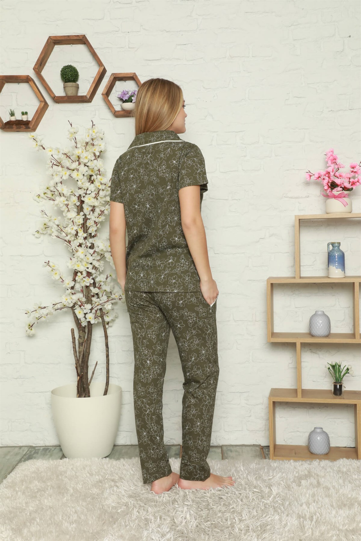 Akbeniz Kadın %100 Pamuk Önden Düğmeli Kısa Kol Pijama Takım 2805