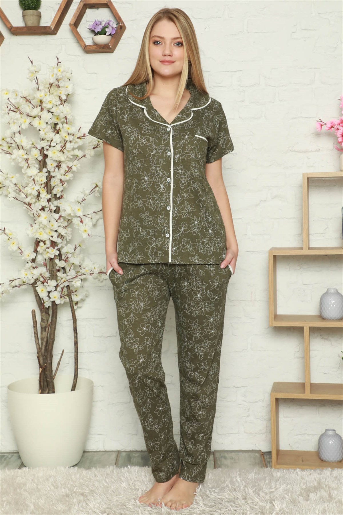 Akbeniz Kadın %100 Pamuk Önden Düğmeli Kısa Kol Pijama Takım 2805