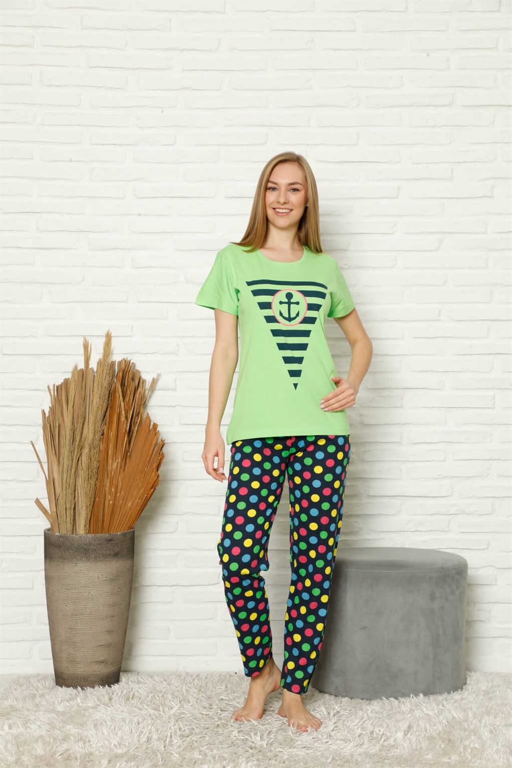 Akbeniz Kadın %100 Pamuk Penye Kısa Kol Pijama Takım 3443