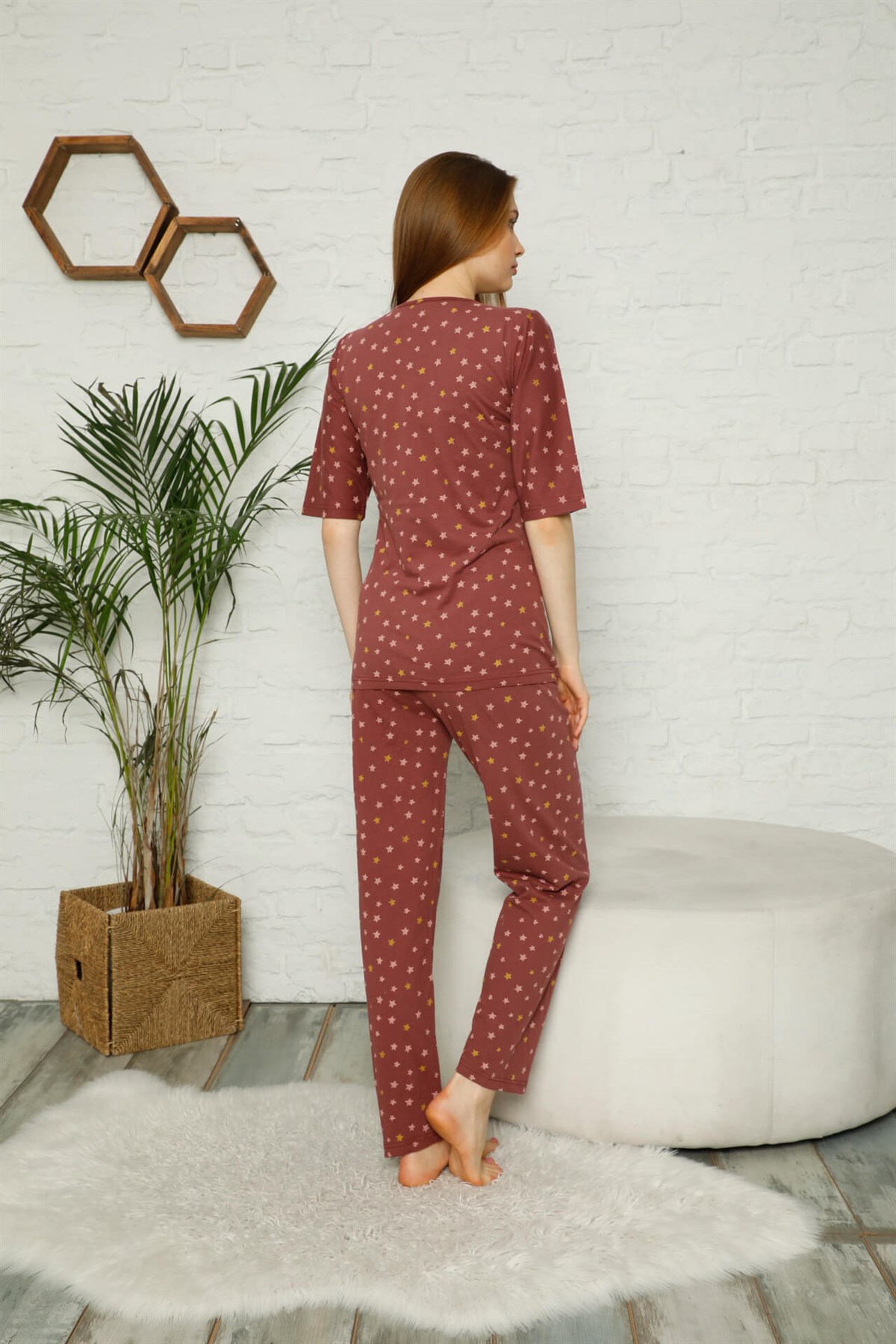 Akbeniz Kadın %100 Pamuk Penye Kısa Kol Pijama Takım 3345