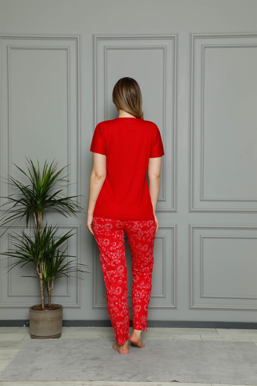 Akbeniz Kadın %100 Pamuk Penye Kısa Kol Pijama Takım 3390