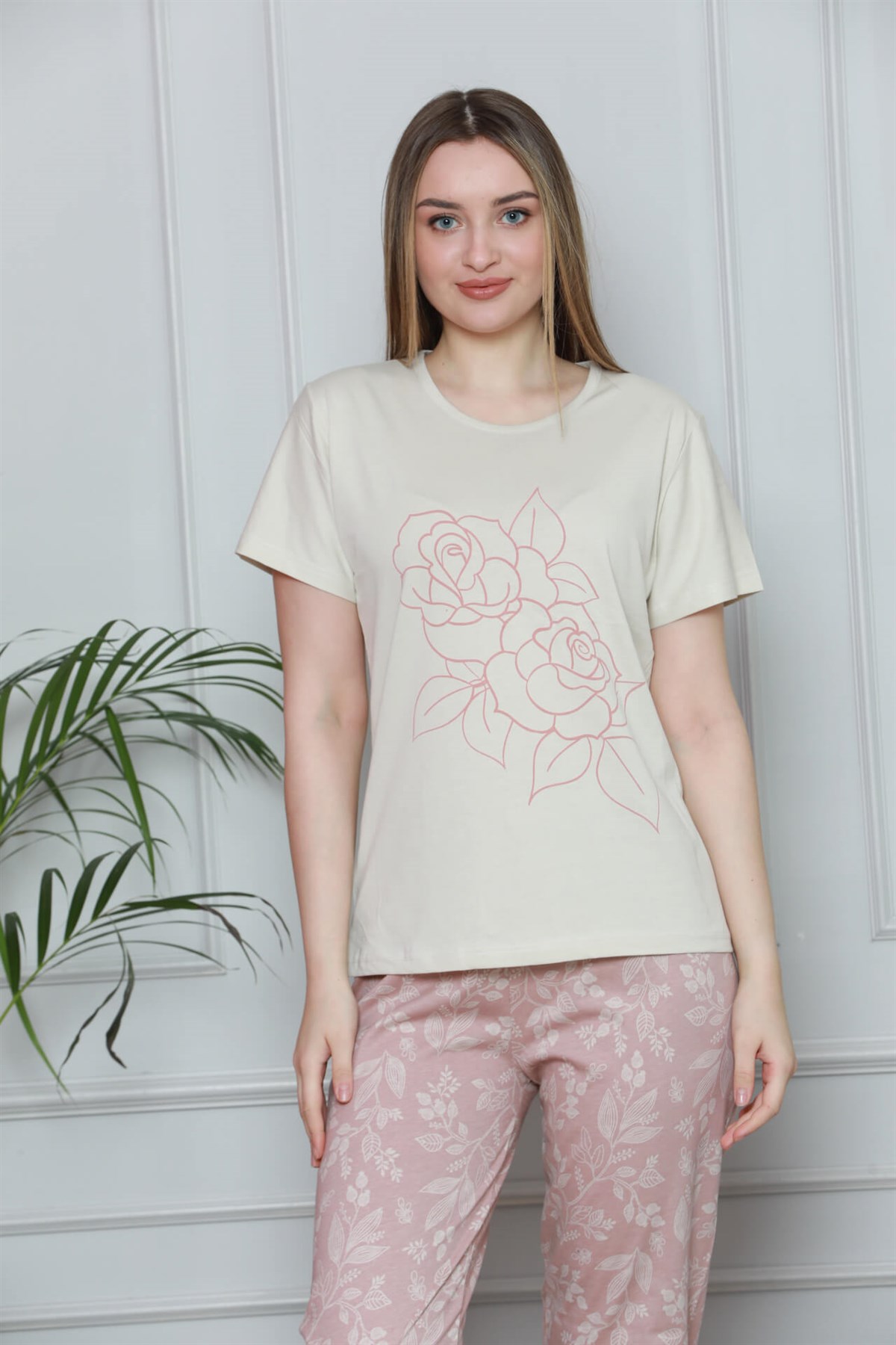 Akbeniz Kadın %100 Pamuk Penye Kısa Kol Pijama Takım 3323