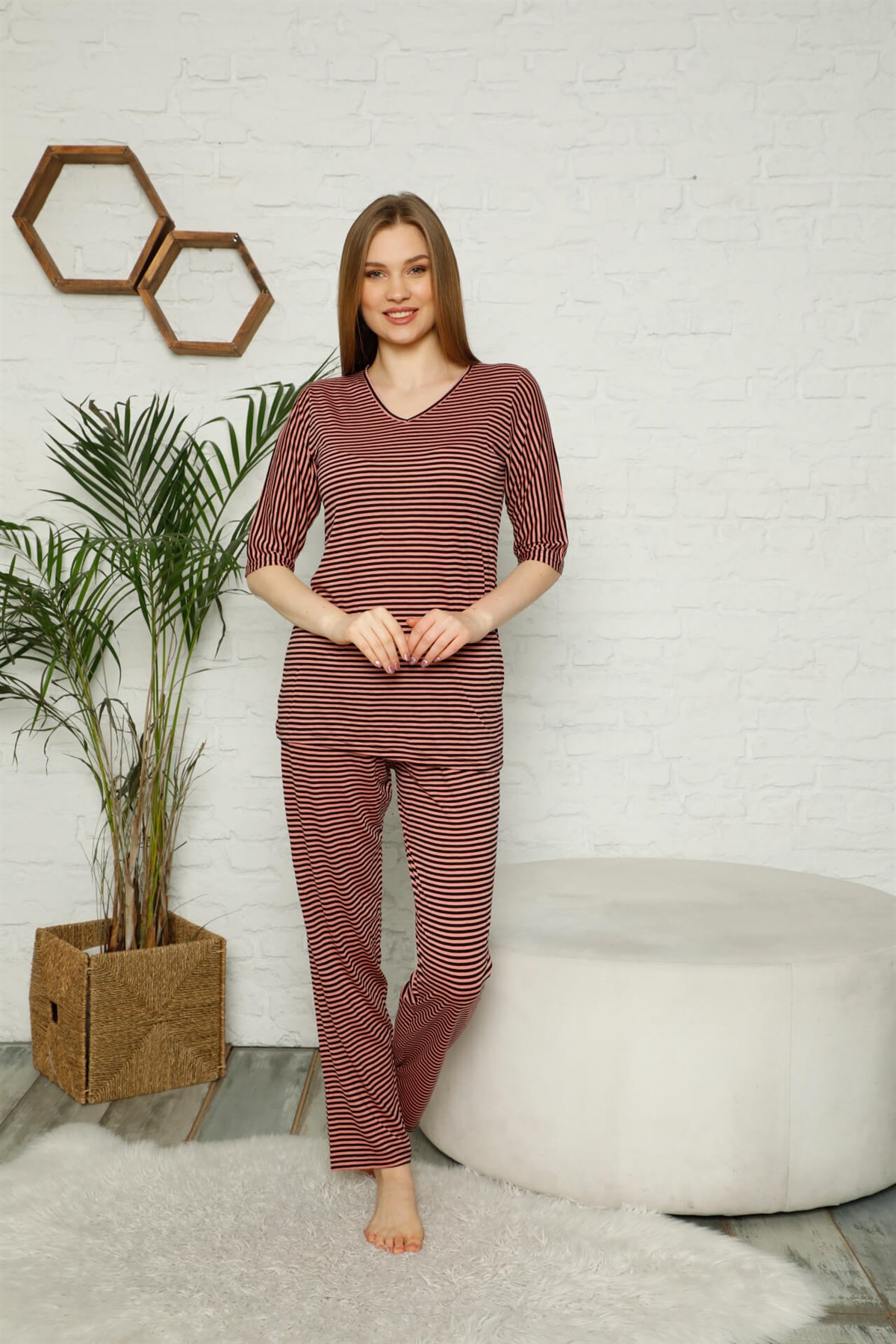 Akbeniz Kadın %100 Pamuk Penye Kısa Kol Pijama Takım 3349