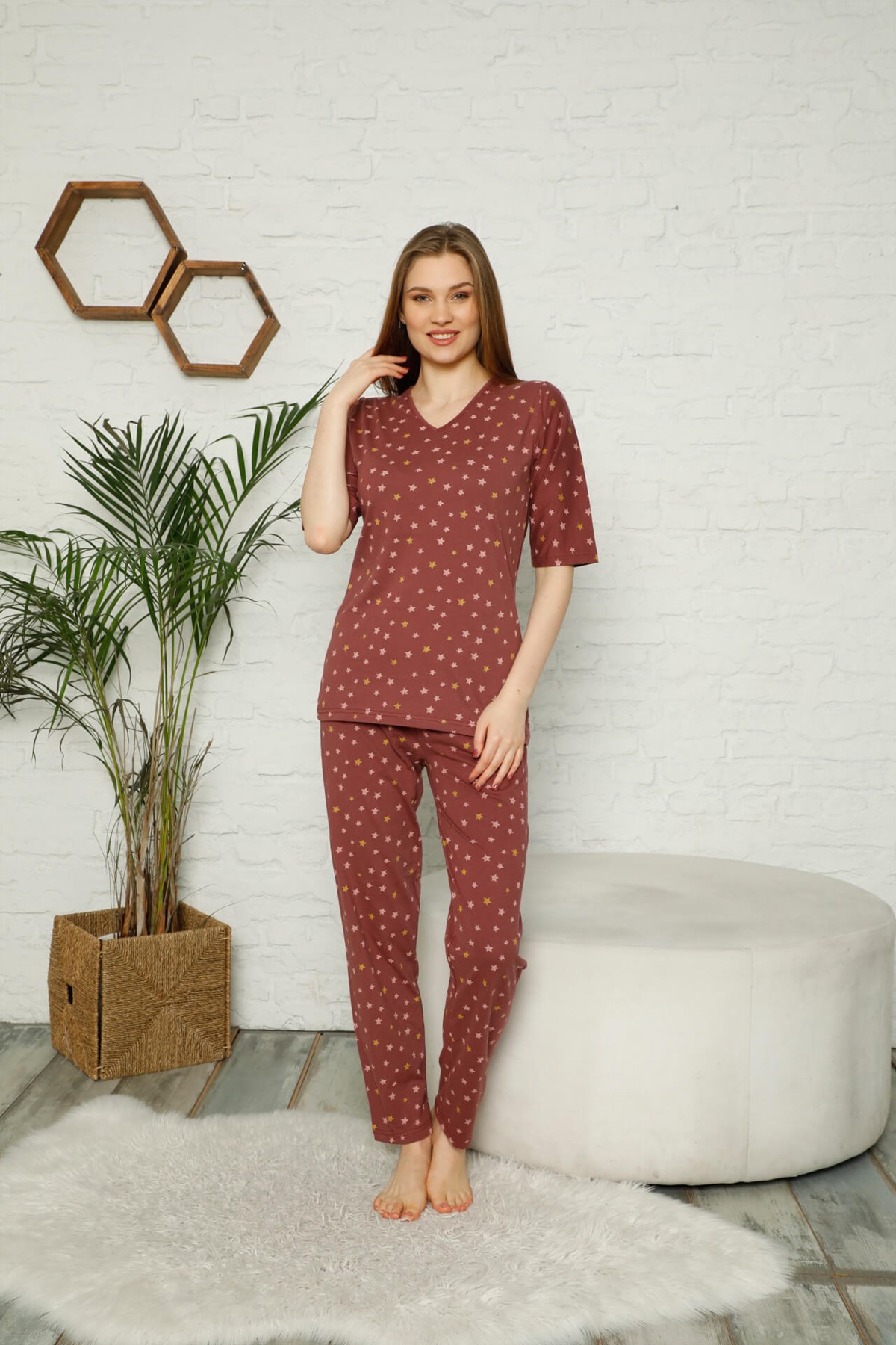 Akbeniz Kadın %100 Pamuk Penye Kısa Kol Pijama Takım 3345