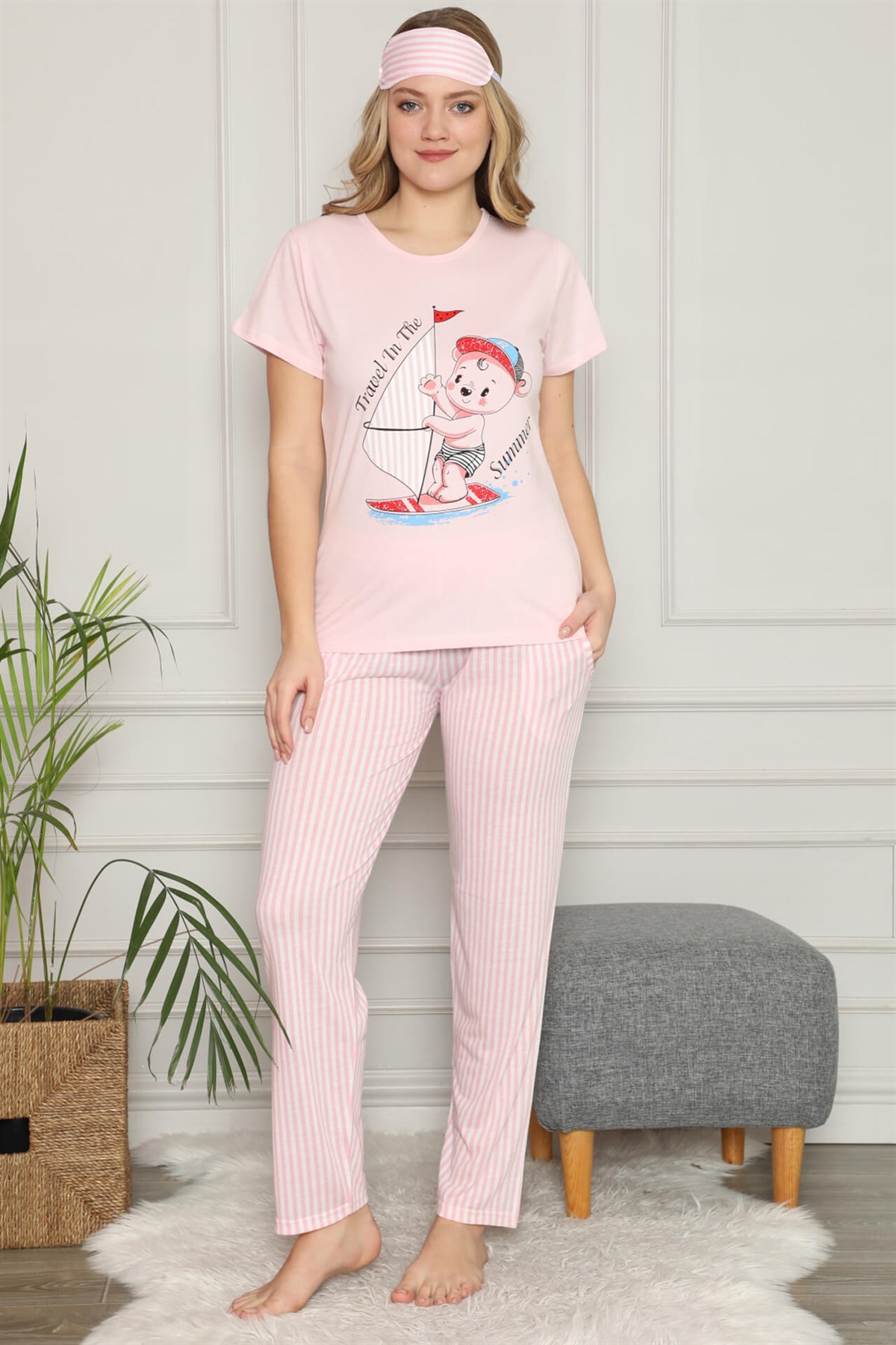 Akbeniz Kadın %100 Pamuk Penye Kısa Kol Pijama Takım 3338