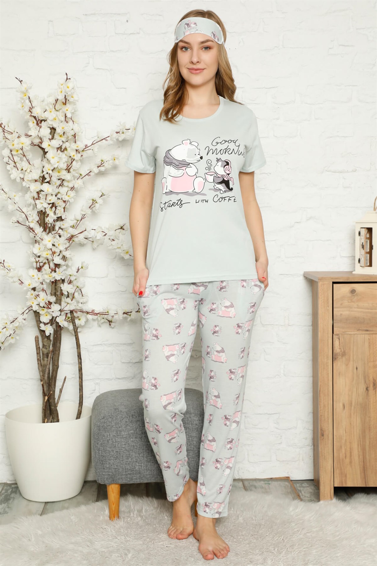 Akbeniz Kadın %100 Pamuk Penye Kısa Kol Pijama Takım 3331