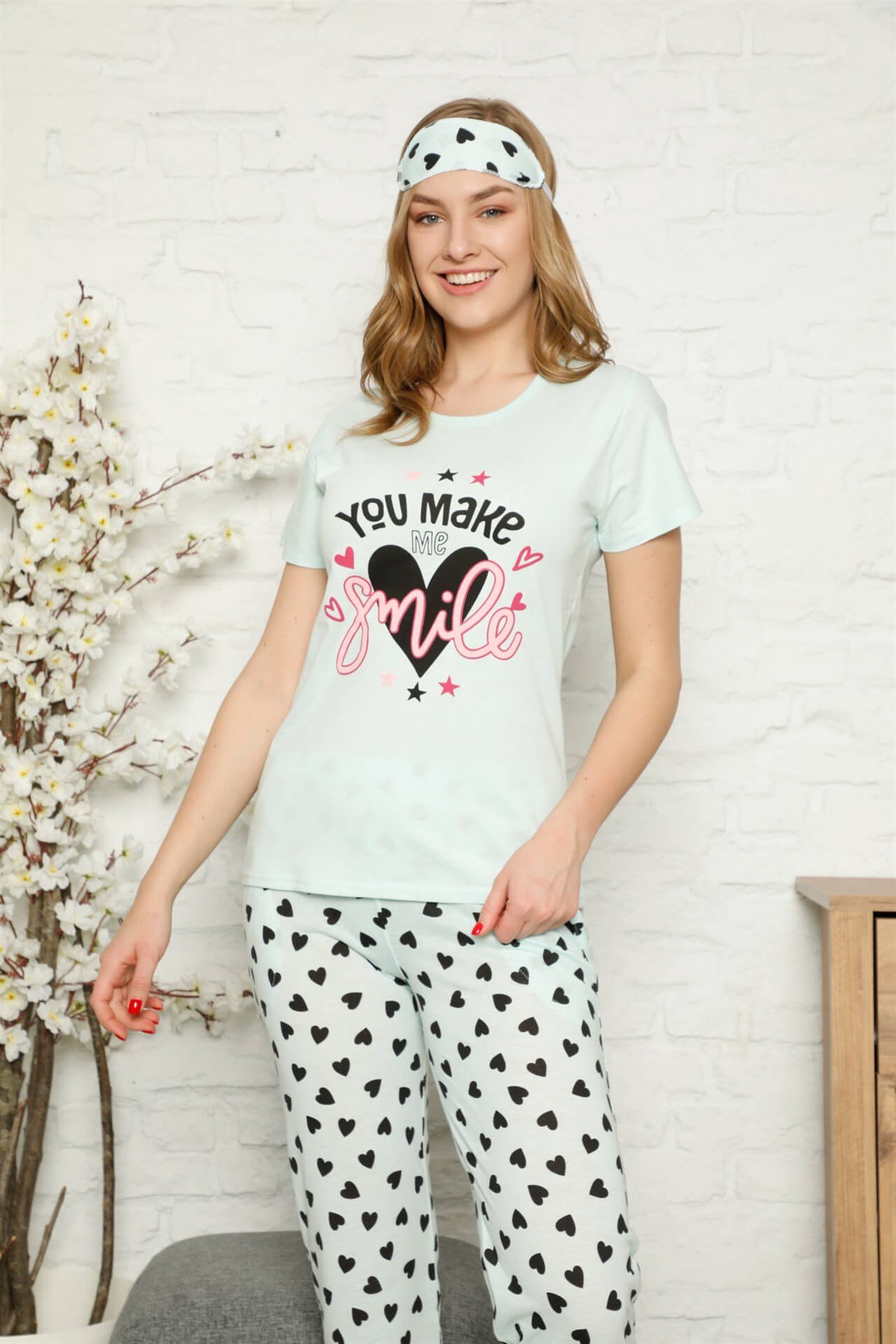 Akbeniz Kadın %100 Pamuk Penye Kısa Kol Pijama Takım 3340