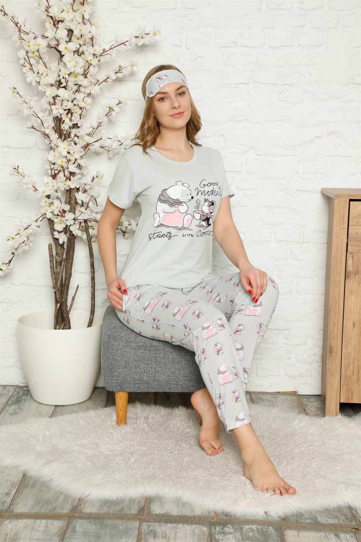 Akbeniz Kadın %100 Pamuk Penye Kısa Kol Pijama Takım 3331