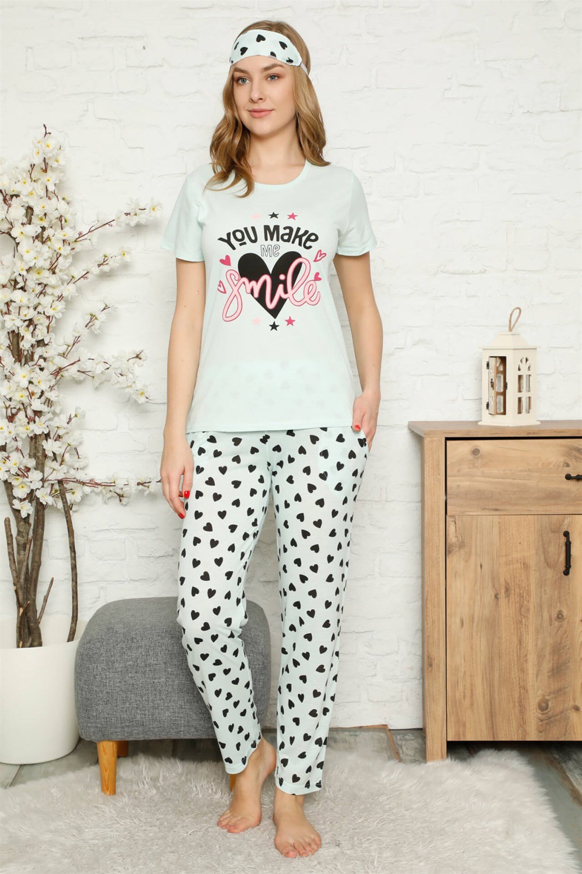 Akbeniz Kadın %100 Pamuk Penye Kısa Kol Pijama Takım 3340