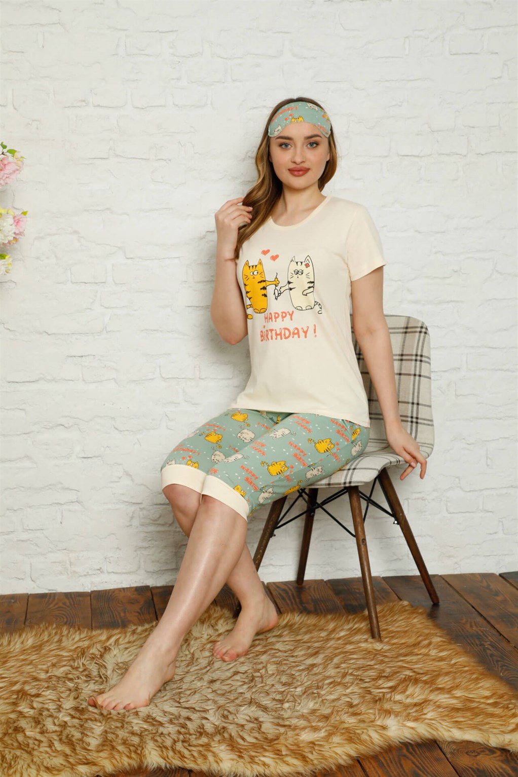 Akbeniz Kadın %100 Pamuk Penye Kısa Kol Kapri Pijama Takım 3546