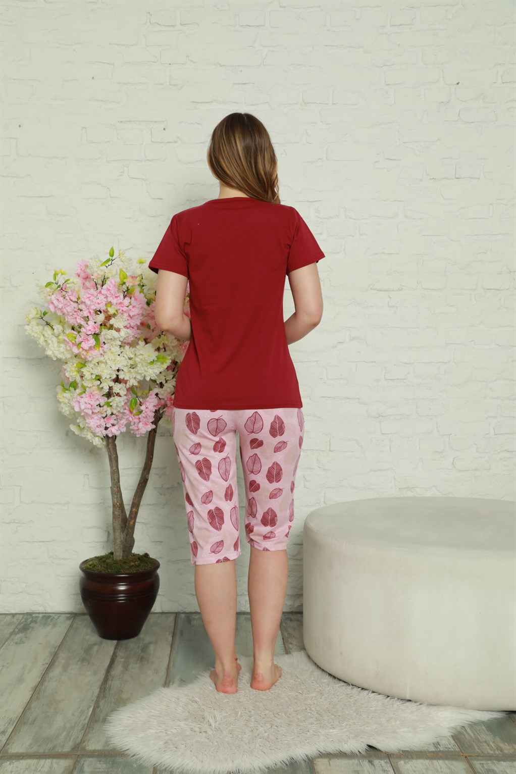 Akbeniz Kadın %100 Pamuk Penye Kısa Kol Kapri Pijama Takım 3550