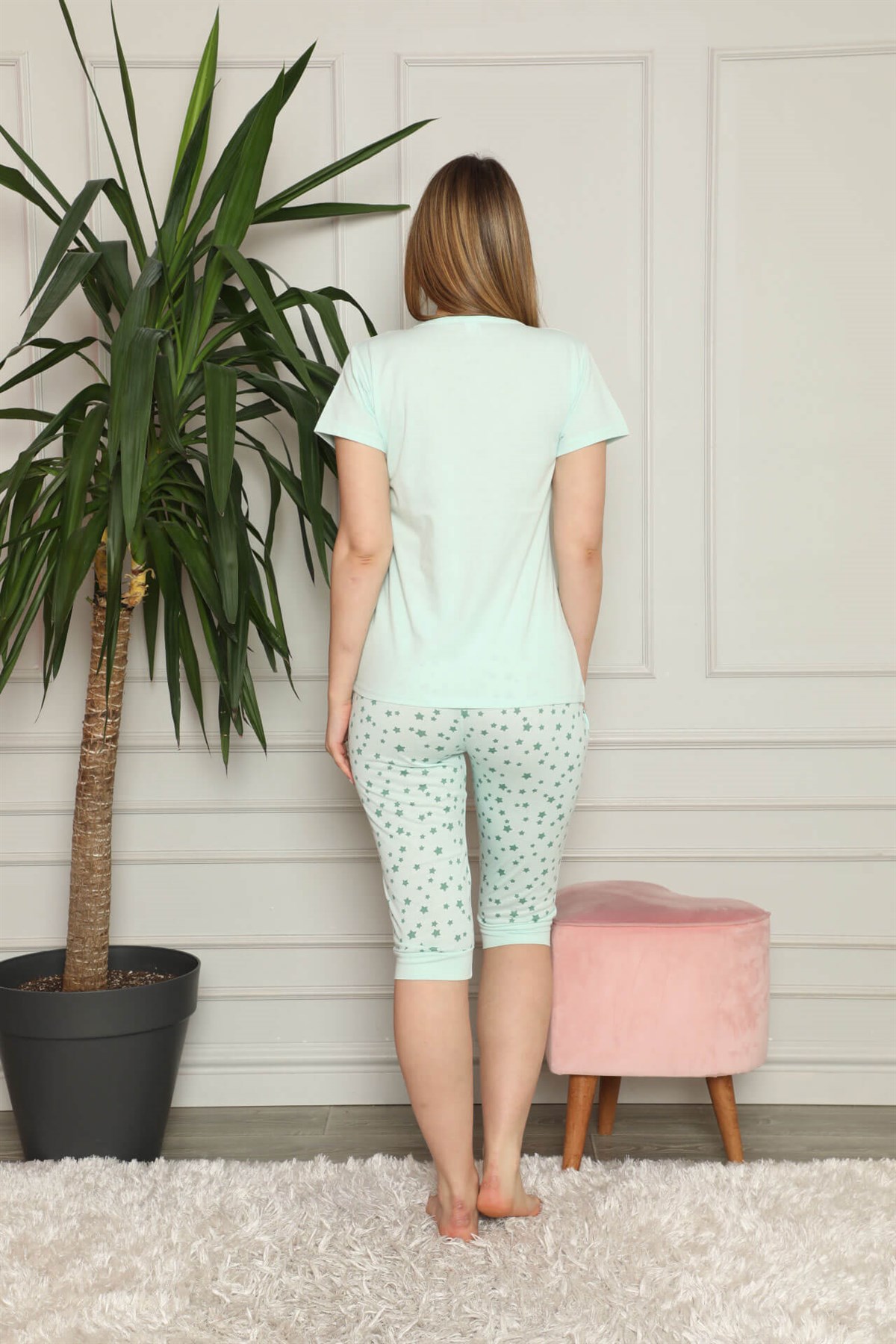 Akbeniz Kadın %100 Pamuk Penye Kısa Kol Kapri Pijama Takım 3538