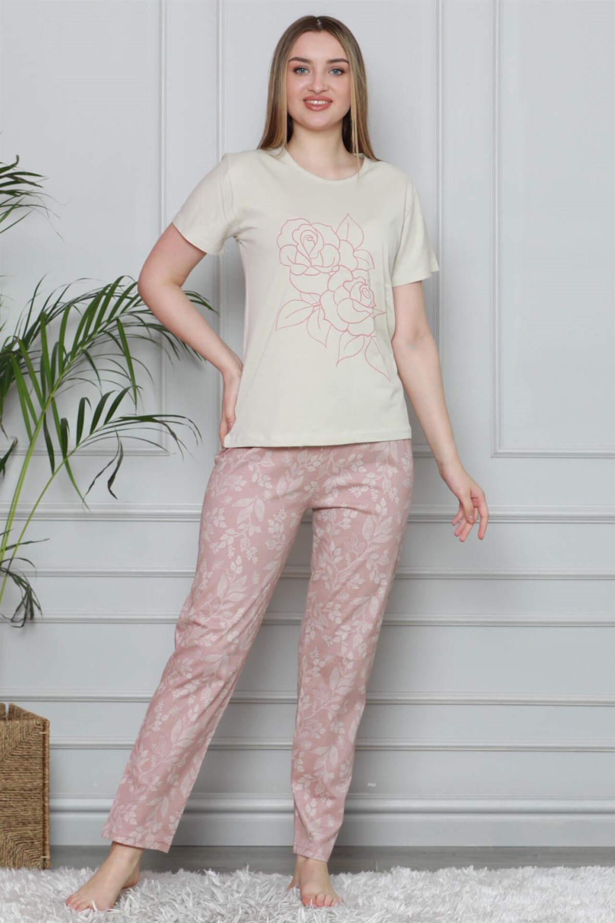 Akbeniz Kadın %100 Pamuk Penye Kısa Kol Pijama Takım 3323