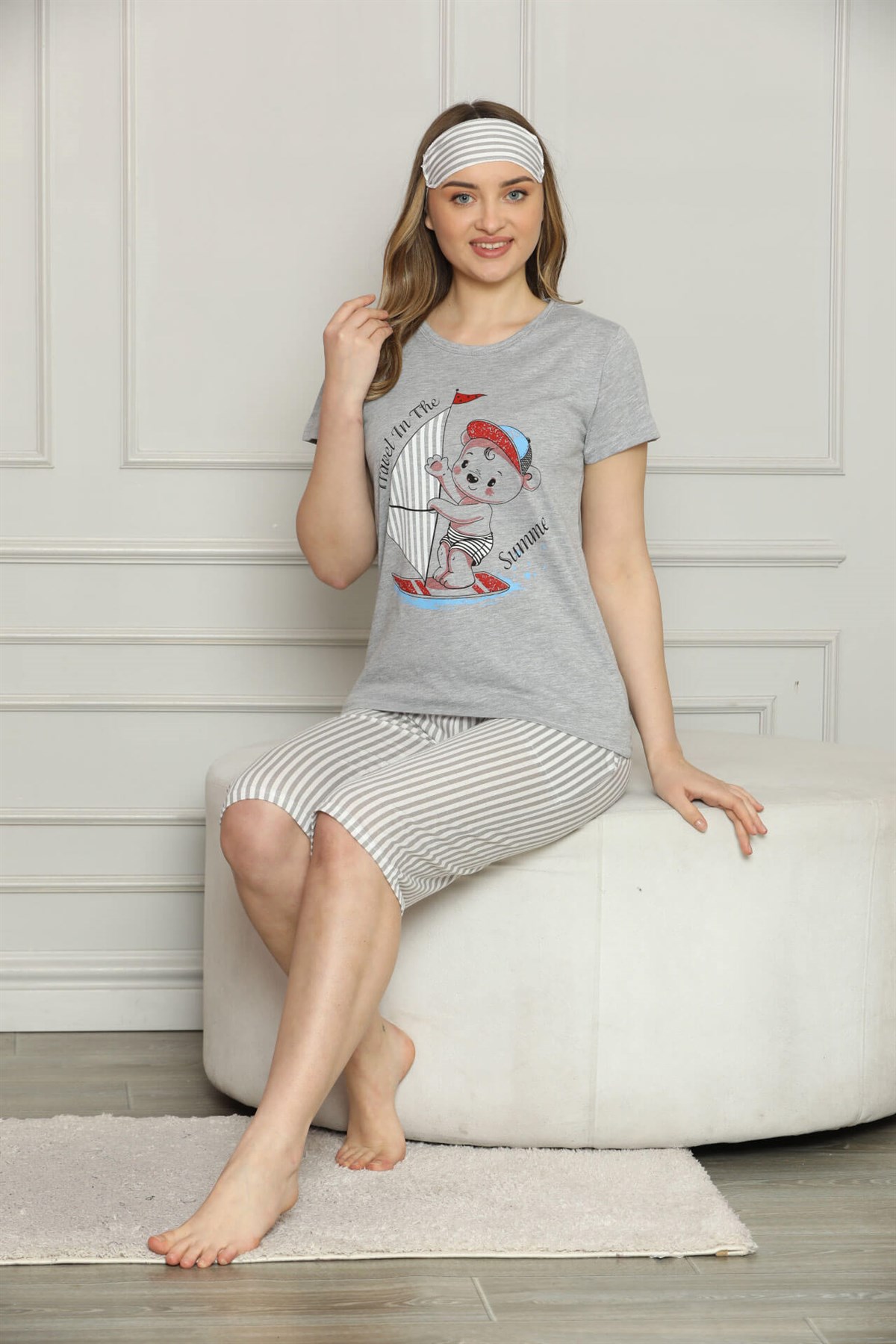 Akbeniz Kadın %100 Pamuk Penye Kısa Kol Kapri Pijama Takım 3542