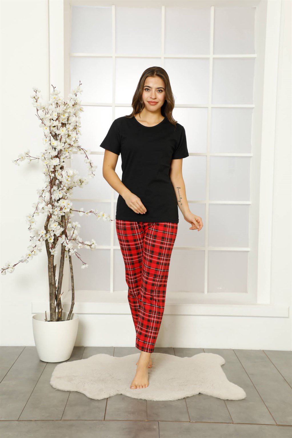 Akbeniz Kadın %100 Pamuk Penye Kısa Kol Pijama Takım 3467