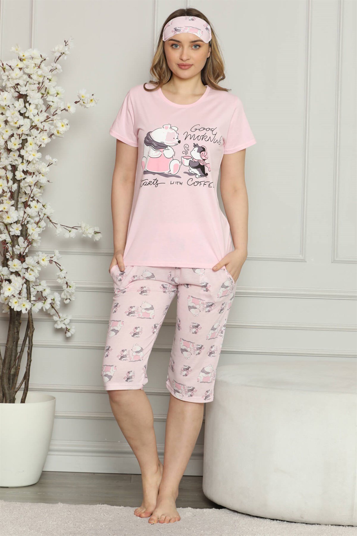 Akbeniz Kadın %100 Pamuk Penye Kısa Kol Kapri Pijama Takım 3530