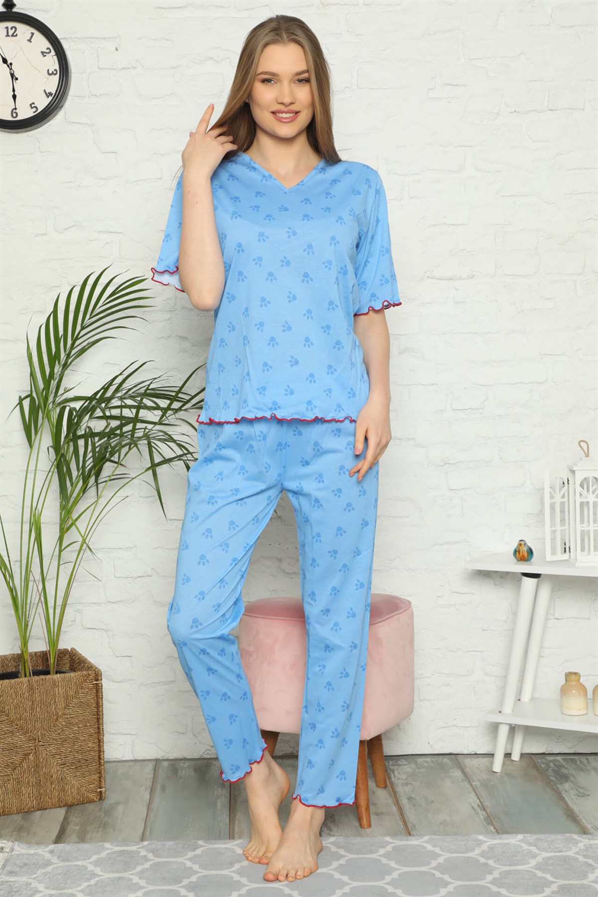 Akbeniz Kadın %100 Pamuk Penye Kısa Kol Pijama Takım 3304