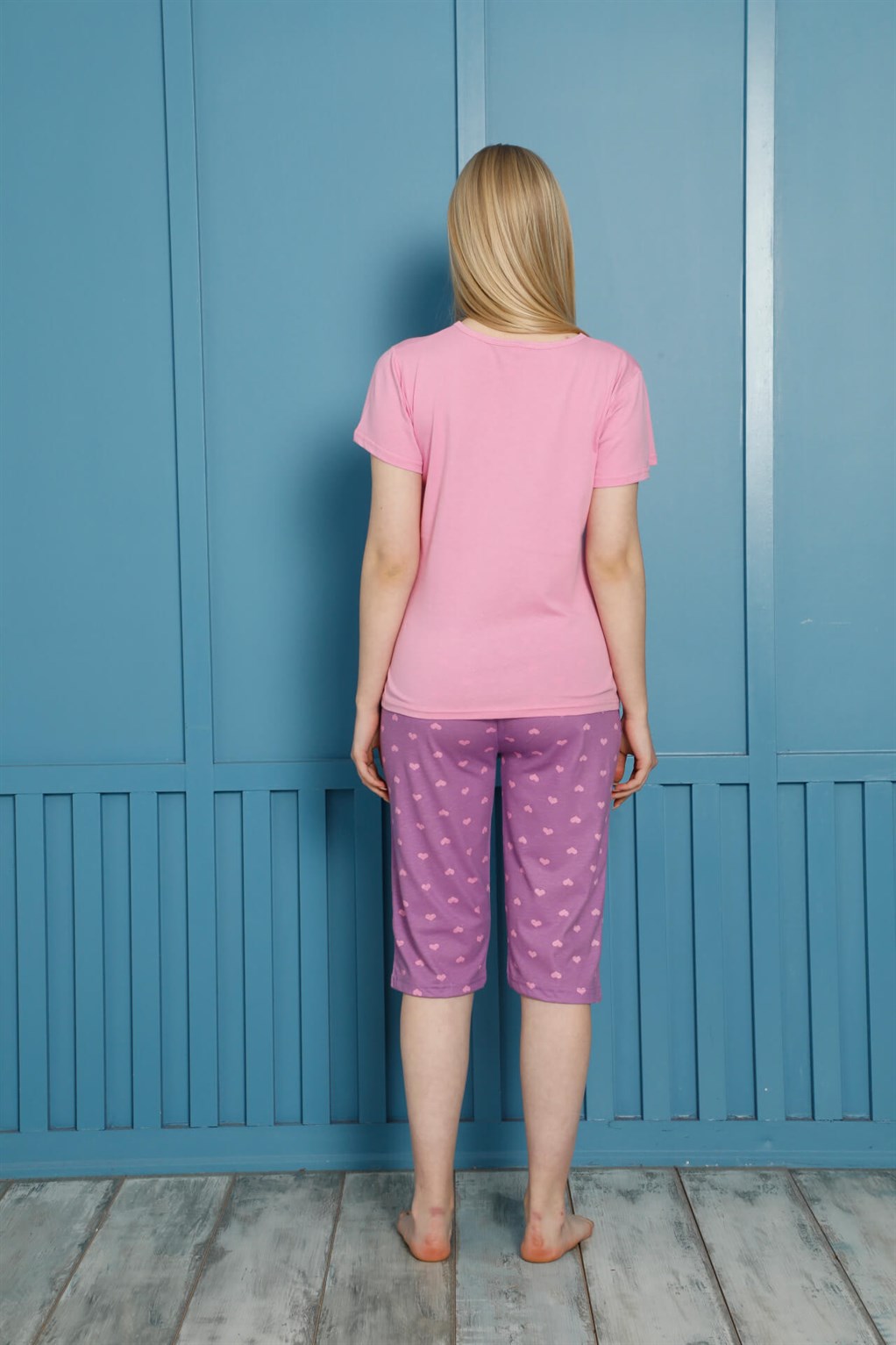 Akbeniz Kadın %100 Pamuk Penye Kısa Kol Kapri Pijama Takım 3557