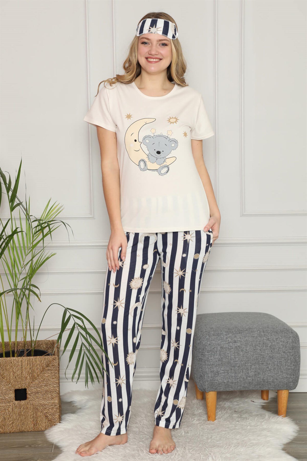 Akbeniz Kadın %100 Pamuk Penye Kısa Kol Pijama Takım 3344