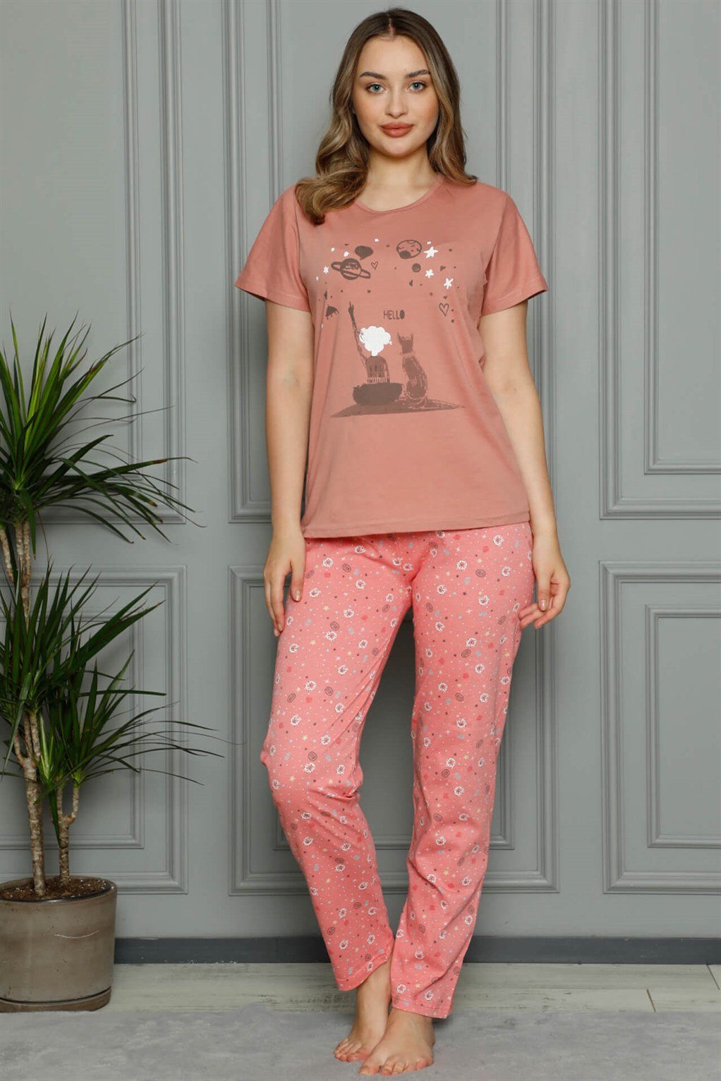 Akbeniz Kadın %100 Pamuk Penye Kısa Kol Pijama Takım 3387