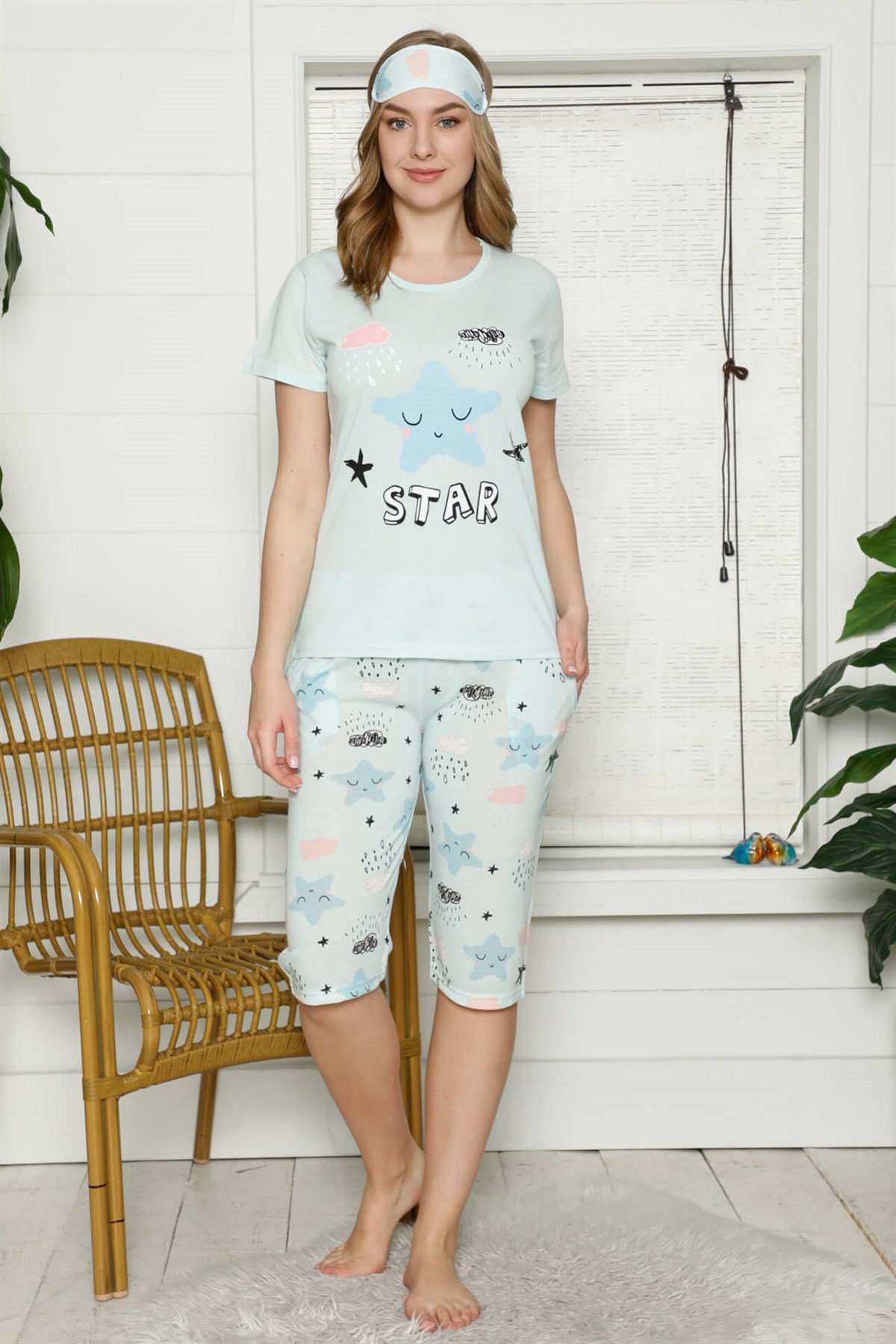 Akbeniz Kadın %100 Pamuk Penye Kısa Kol Kapri Pijama Takım 3533