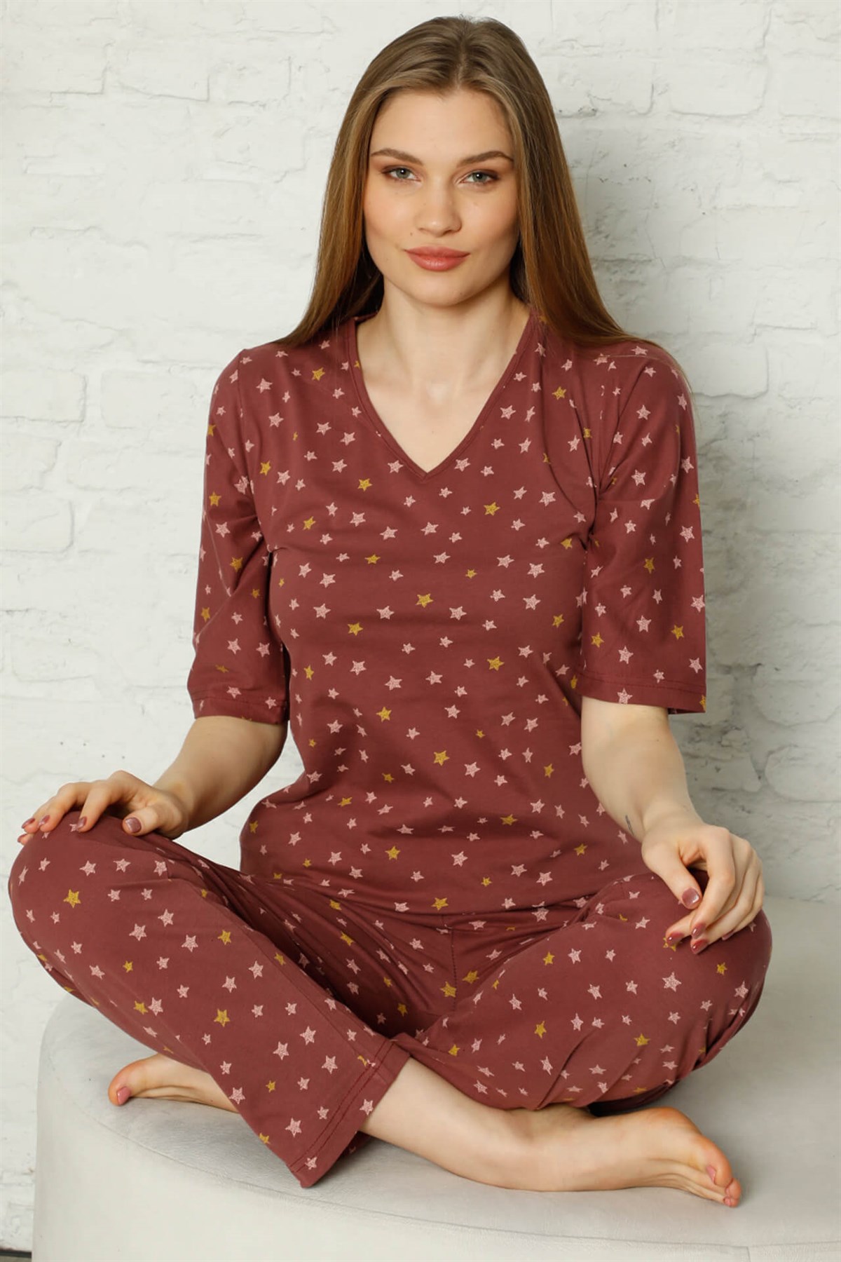 Akbeniz Kadın %100 Pamuk Penye Kısa Kol Pijama Takım 3345
