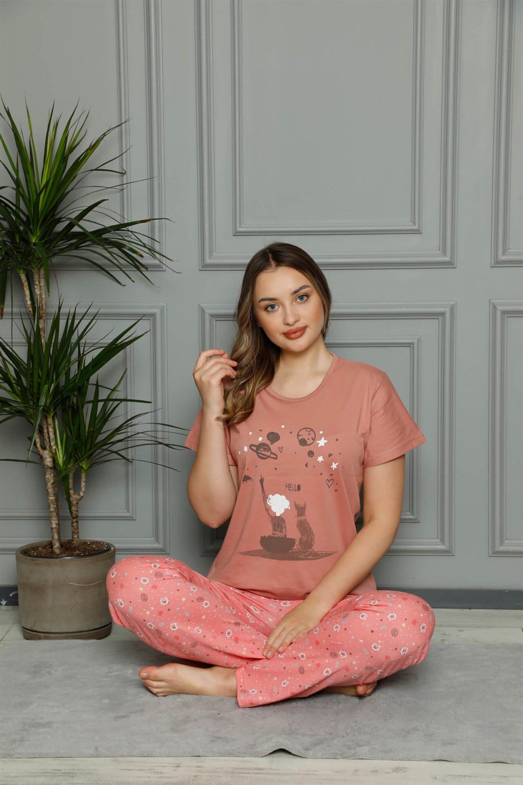 Akbeniz Kadın %100 Pamuk Penye Kısa Kol Pijama Takım 3387