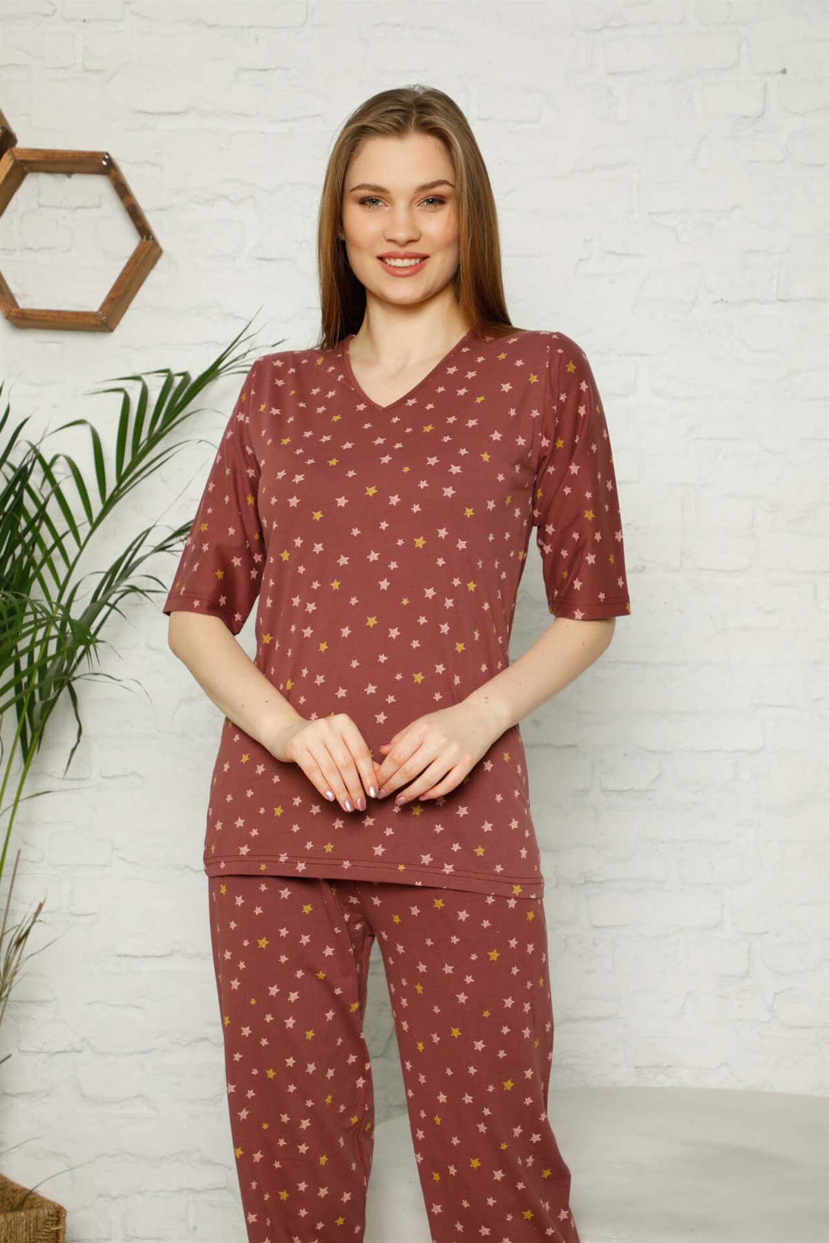 Akbeniz Kadın %100 Pamuk Penye Kısa Kol Pijama Takım 3345