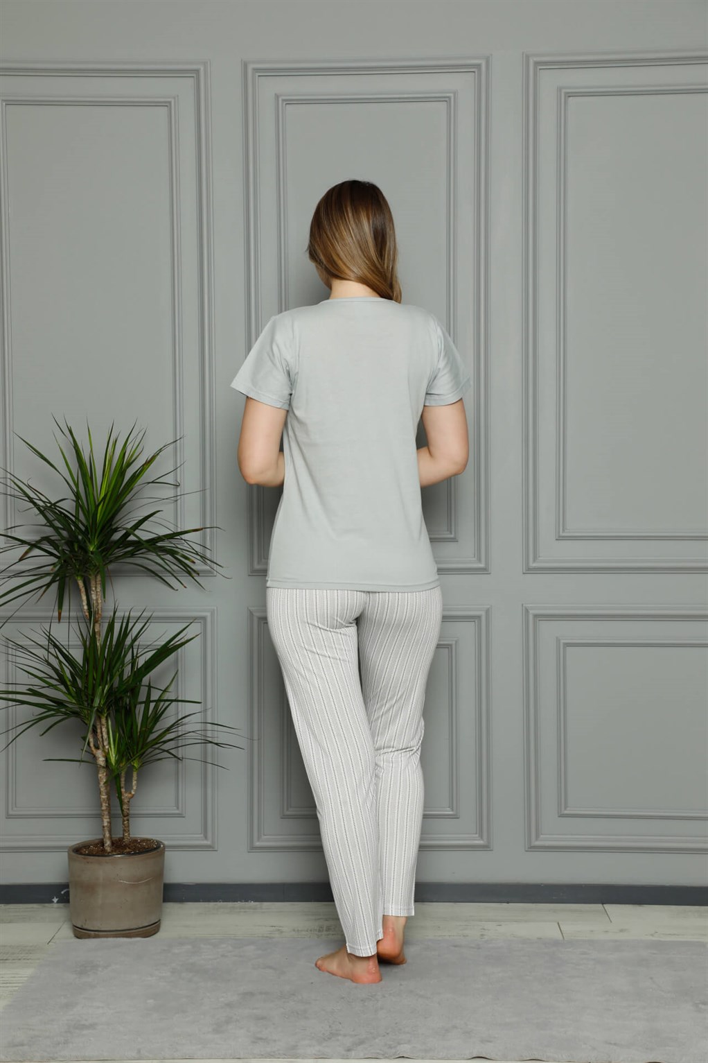 Akbeniz Kadın %100 Pamuk Penye Kısa Kol Pijama Takım 3385