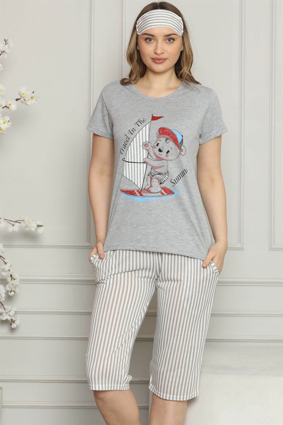 Akbeniz Kadın %100 Pamuk Penye Kısa Kol Kapri Pijama Takım 3542