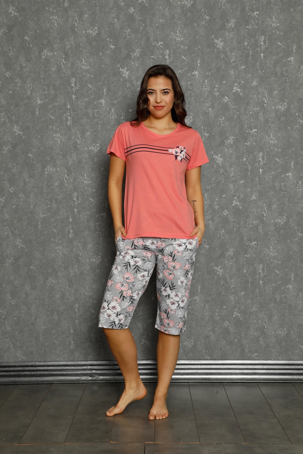 Akbeniz Kadın %100 Pamuk Penye Kısa Kol Kapri Pijama Takım 3566