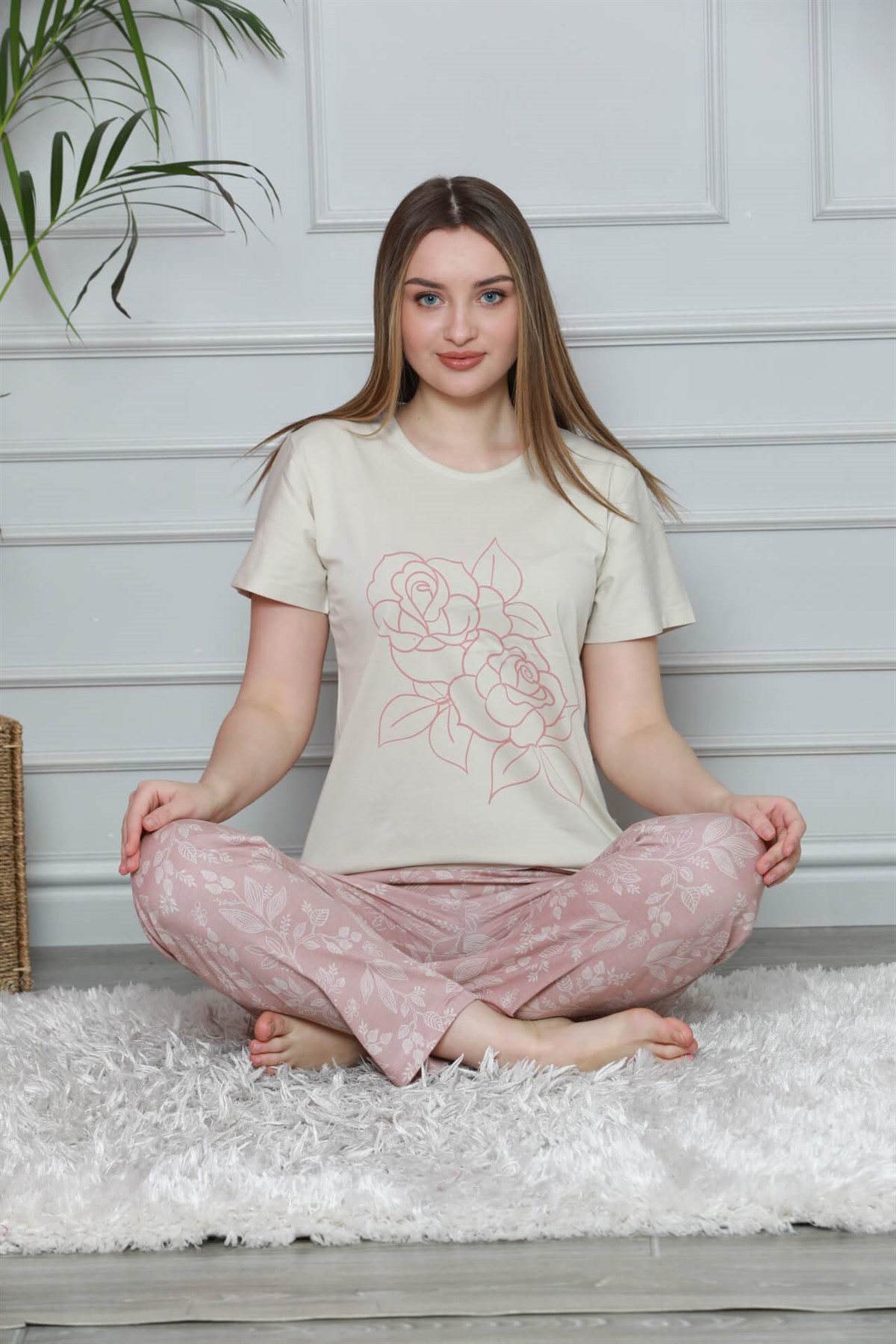 Akbeniz Kadın %100 Pamuk Penye Kısa Kol Pijama Takım 3323